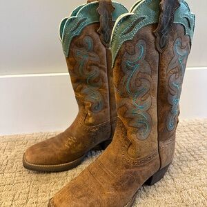 Justin Brown and Teal Western Cowboy Boots